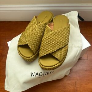 Naghedi Olive Green Woven Slide Sandals